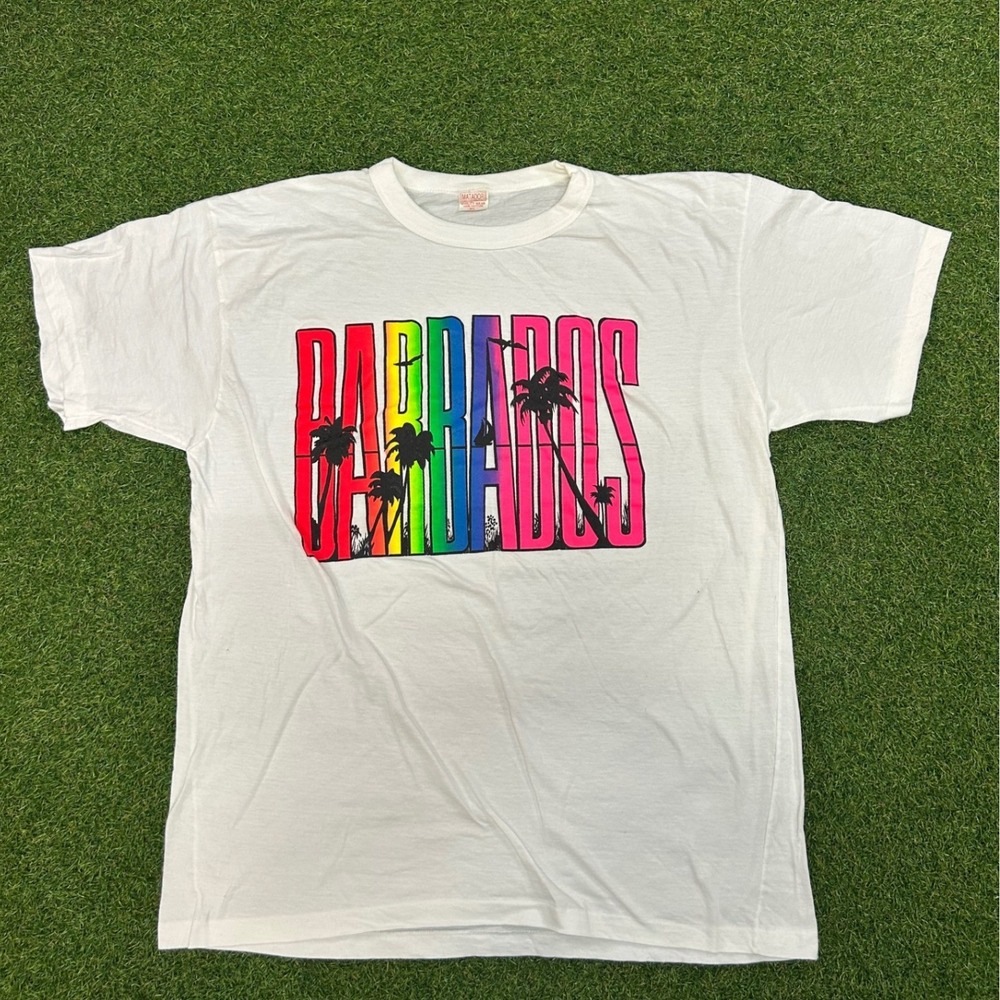 Vintage Matador Barbados T Shirt XL White Neon Rainbow Palm Tree Souvenir Cotton